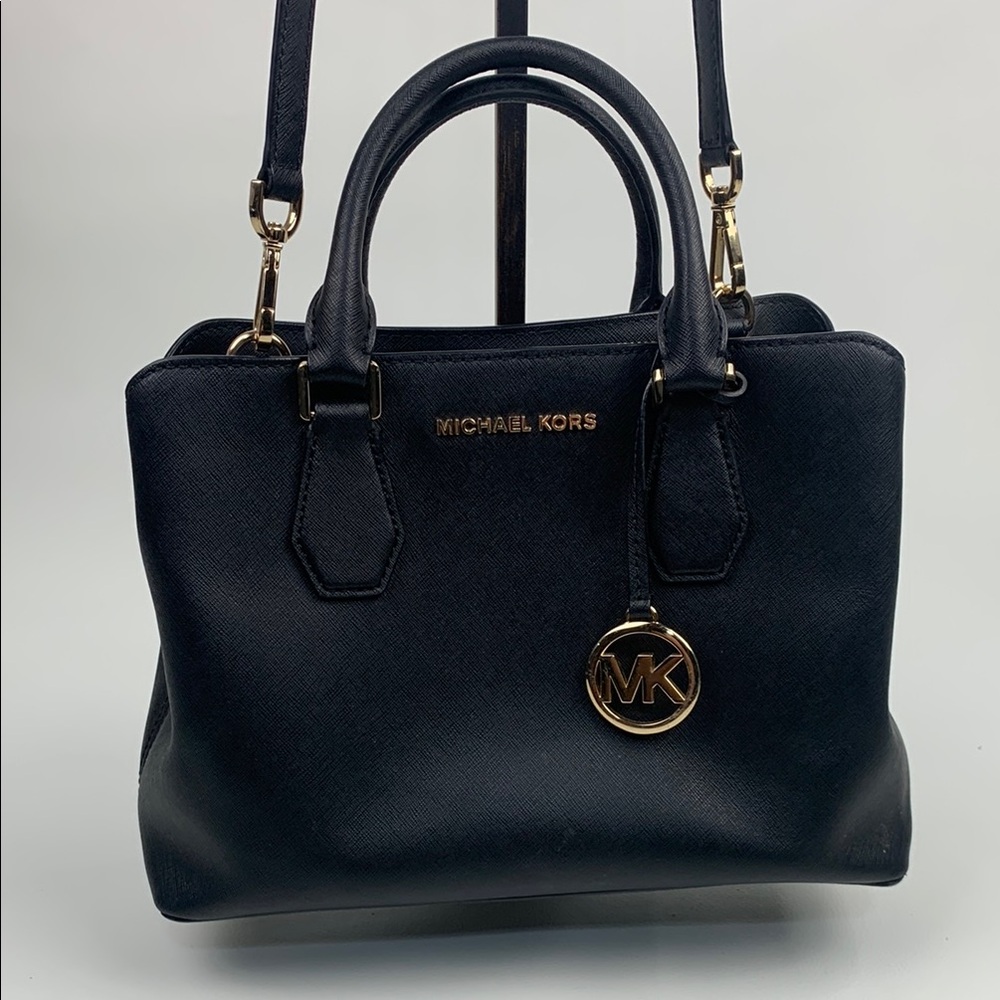 Michael Kors MK Jet set leather Black Satchel Crossbody Shoulder Bag Gold zip